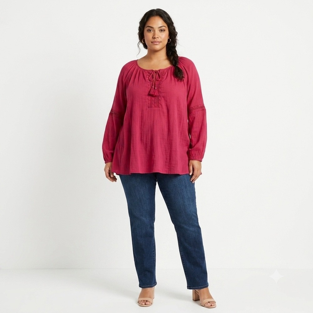 Lane Bryant Red Cotton Gauze Peasant Blouse Crochet Lace 22/24 Plus‎ SZ